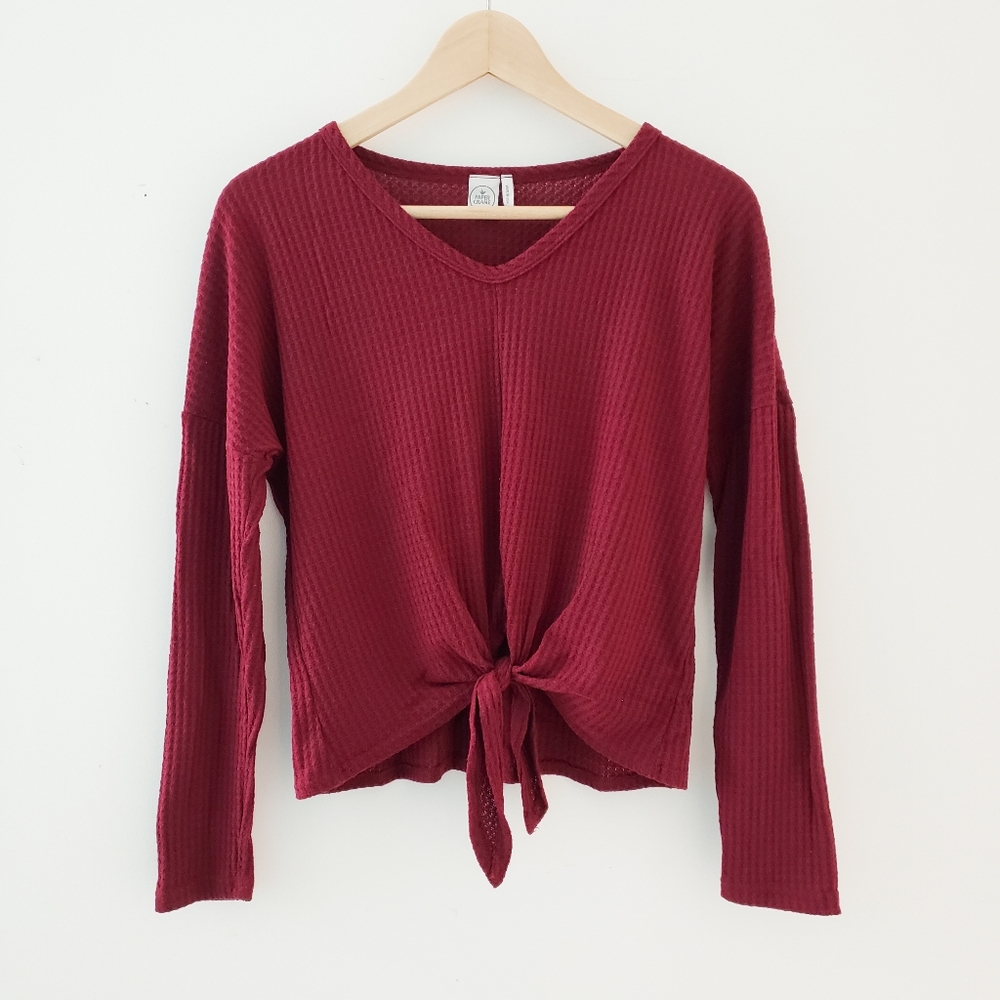 Paper Crane Long Sleeve Knit Top Bow Tie Maroon Red Waffle Knit Anthropologie